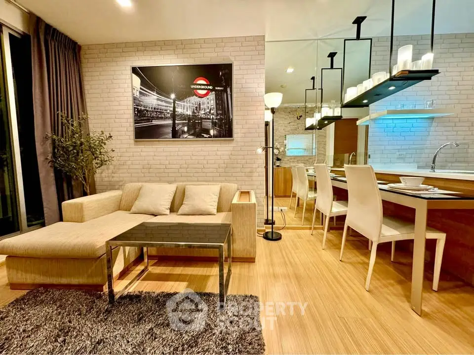 Stylish open-plan living room with modern dining area and chic decor