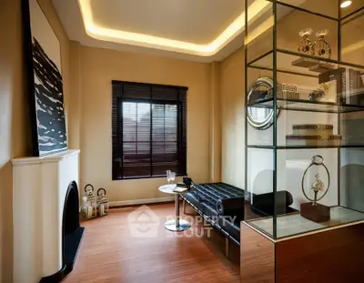 Stylish study room with modern decor and elegant shelving