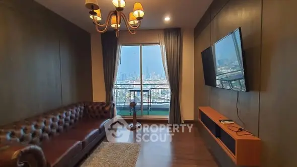 Stylish living room with city view and elegant decor