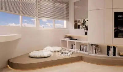 Modern minimalist living room with unique seating and built-in shelves