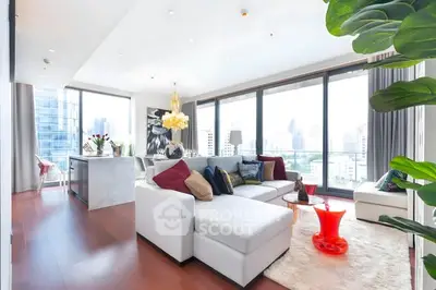 Luxurious modern living room with city view, elegant decor, and open layout in high-rise apartment.