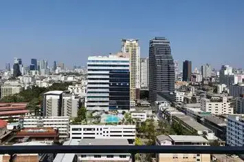 Stunning cityscape view from a high-rise balcony showcasing urban skyline and modern architecture.