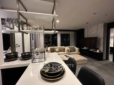 Luxurious modern living room with open kitchen and elegant decor