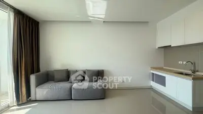 Modern minimalist living room with sleek kitchen and cozy gray sofa.