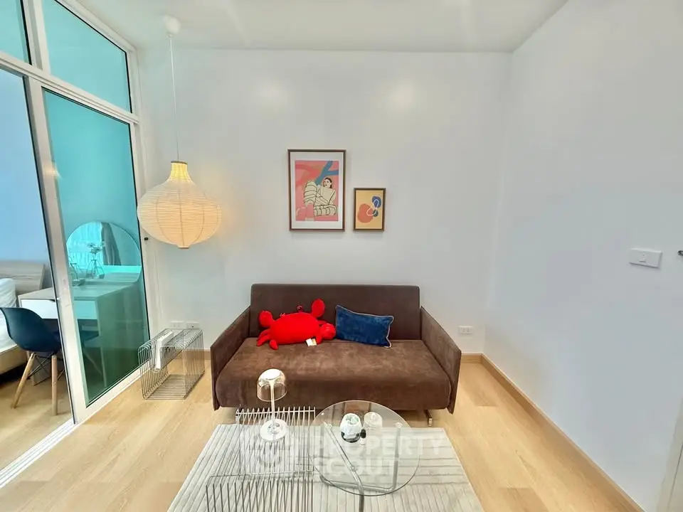 Modern living room with stylish decor and cozy seating area