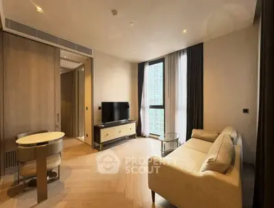 Modern living room with elegant furniture and large window offering city view