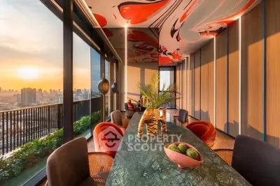 Luxurious dining area with stunning city view and artistic ceiling design