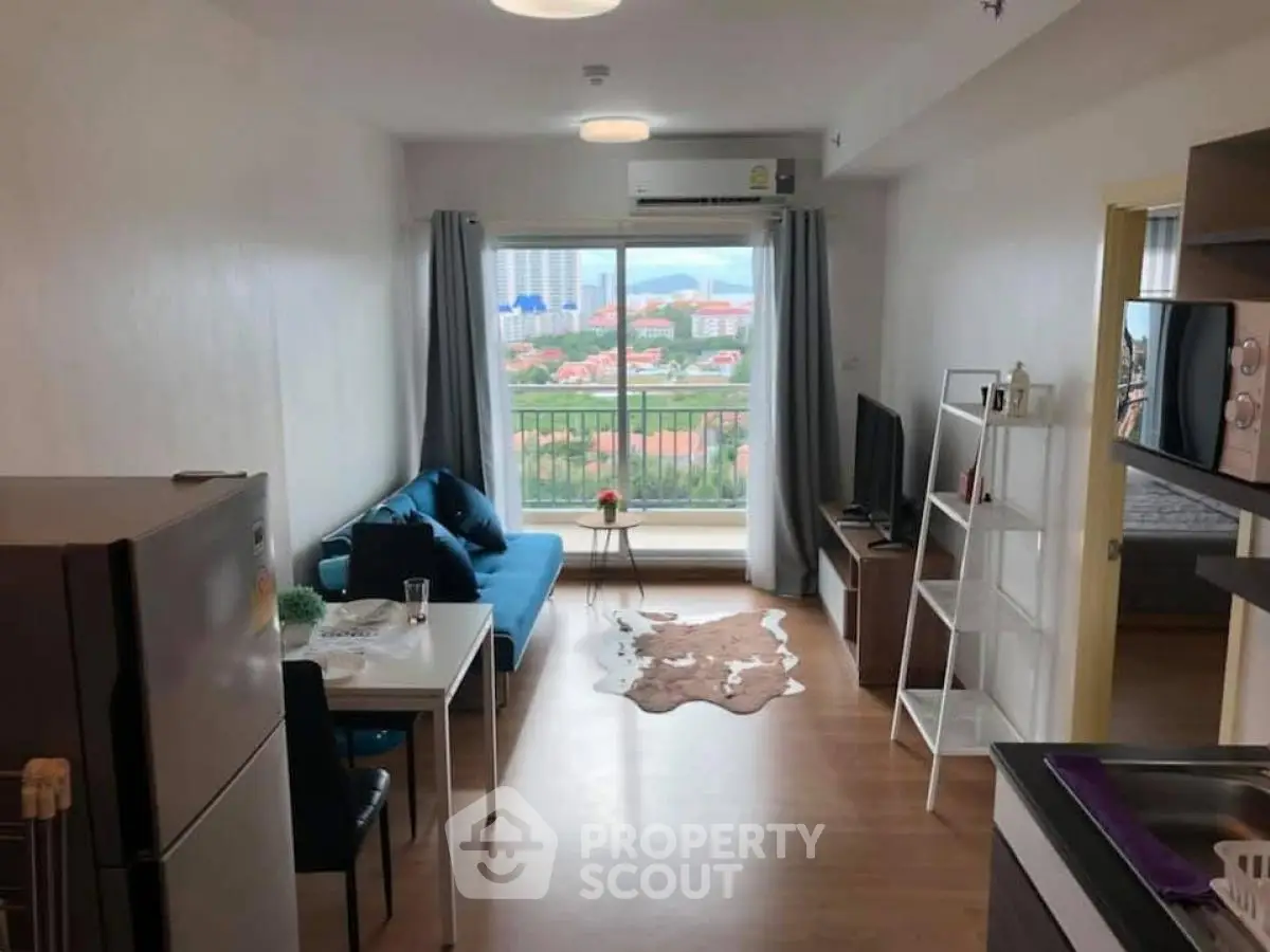 Modern apartment living room with balcony and city view