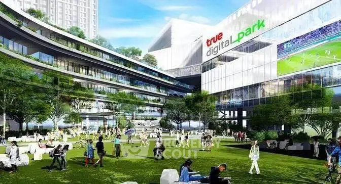 Modern commercial complex with lush green park and innovative architecture