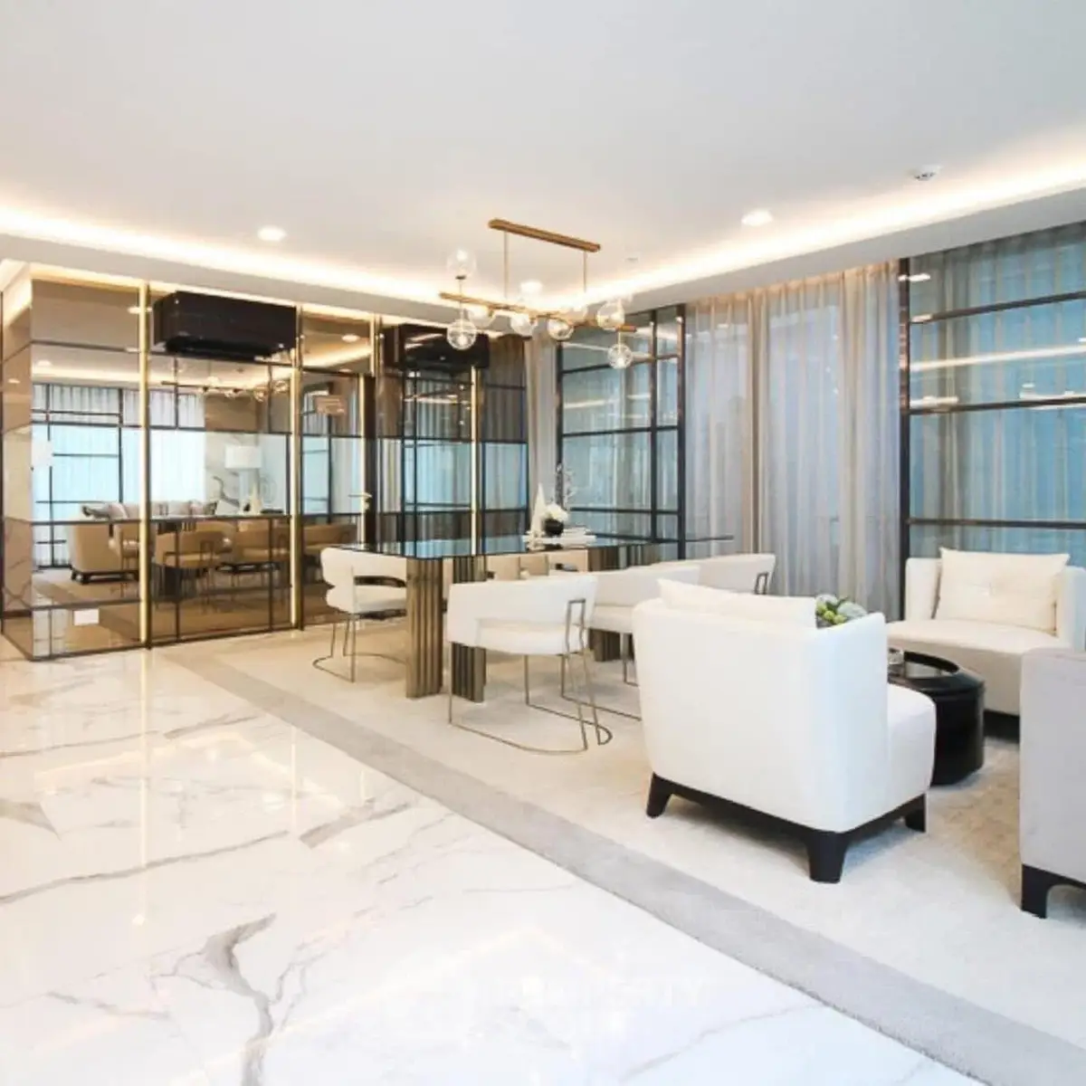 Luxurious modern living room with elegant marble flooring and stylish furniture.
