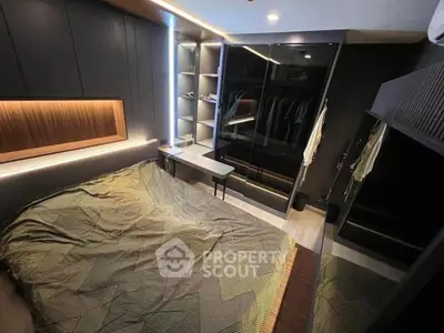 Luxurious modern bedroom with sleek design and ample closet space