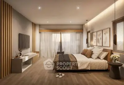 Luxurious modern bedroom with elegant decor and ambient lighting