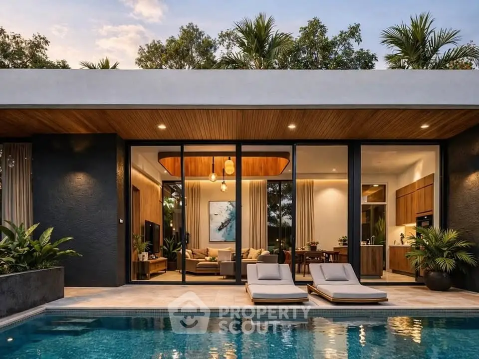 Luxurious modern villa with poolside view, spacious living area, and elegant design in tropical setting.