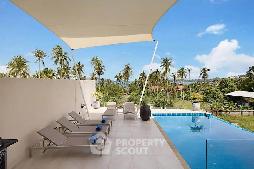 Luxurious poolside patio with sun loungers and stunning tropical garden view.