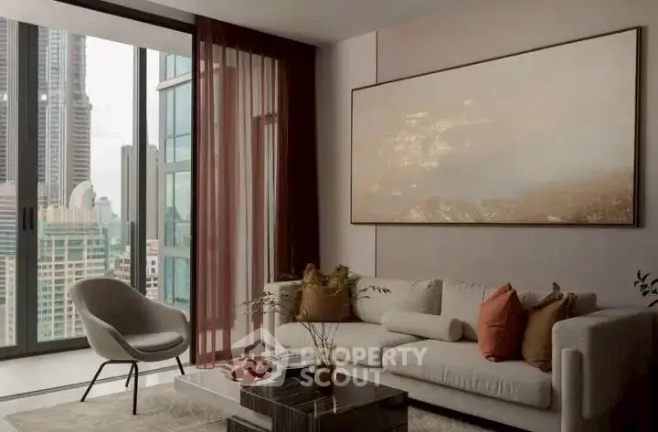Luxurious living room with modern decor and stunning city view from large windows.