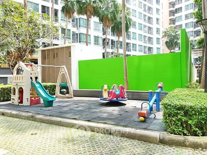 Vibrant playground in modern apartment complex with lush greenery