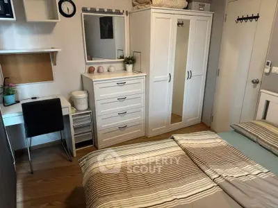 Cozy bedroom with modern furniture and study area, perfect for comfortable living.