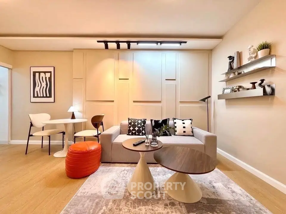 Modern living room with stylish decor and cozy seating area