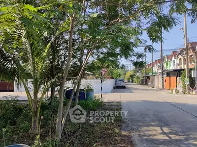 Charming residential street with lush greenery and row of townhouses.