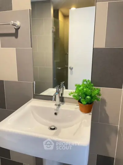 Modern bathroom with stylish sink and decorative plant, perfect for contemporary living.
