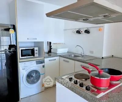 Modern kitchen with sleek appliances and open layout in a high-rise apartment.