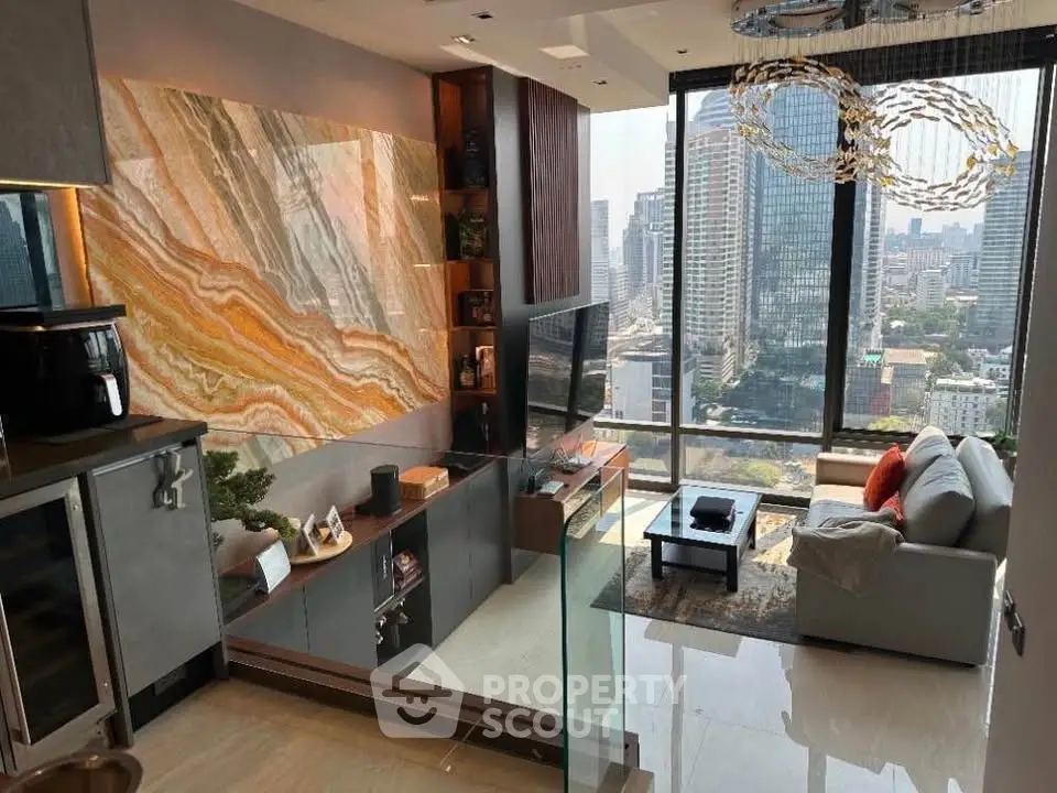 Luxurious modern living room with stunning city view and elegant decor
