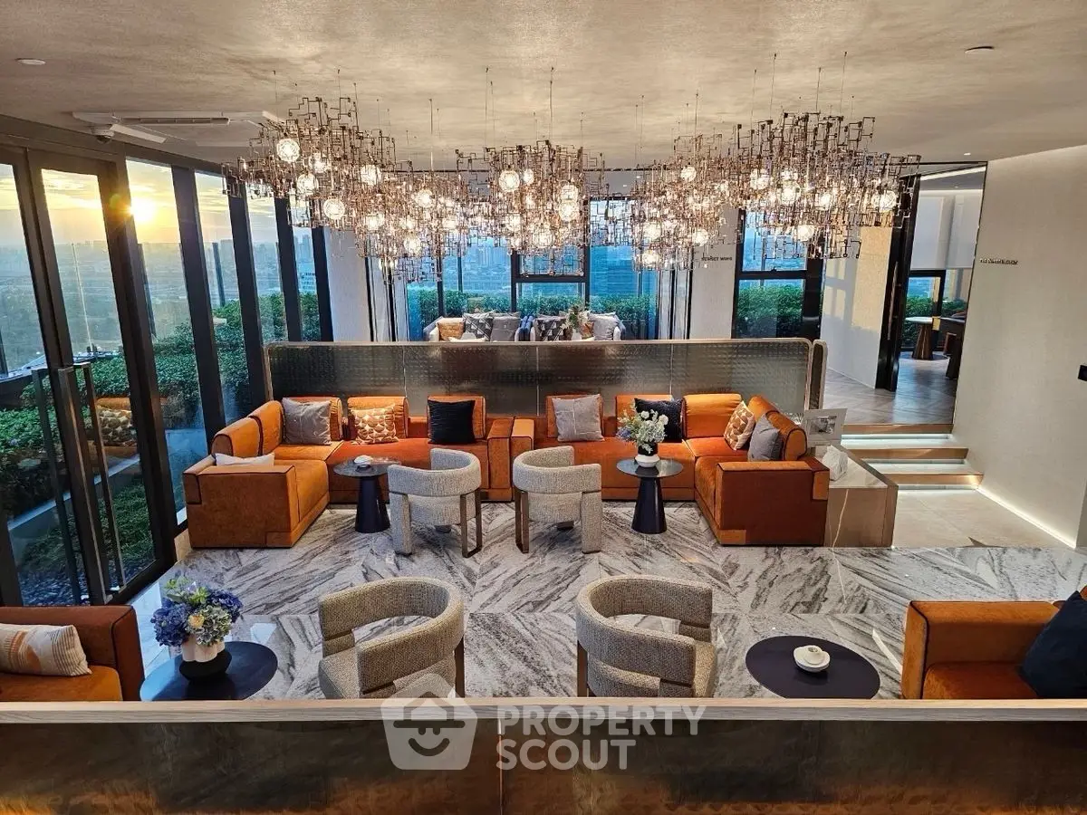 Luxurious modern living room with elegant lighting and panoramic city views