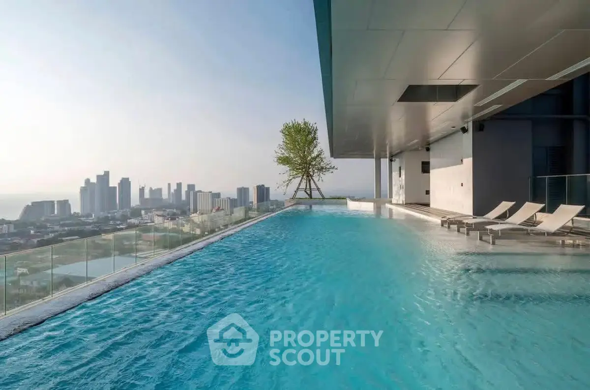 Luxurious rooftop infinity pool with stunning city skyline view, perfect for relaxation and leisure.