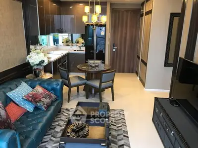 Stylish modern living room with open kitchen and elegant decor