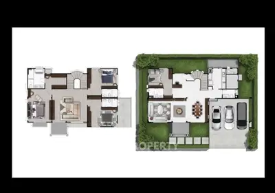 Modern house floor plan with spacious layout and garden view