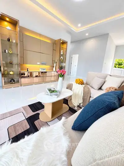 Luxurious modern living room with elegant decor and cozy seating area