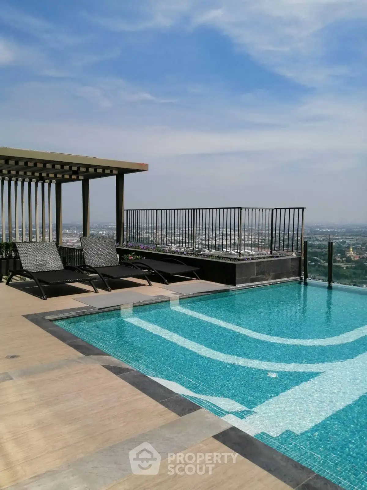 Luxurious rooftop pool with stunning city views and modern lounge chairs.