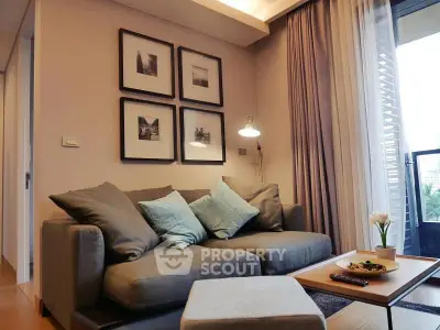 Cozy living room with modern decor and balcony view