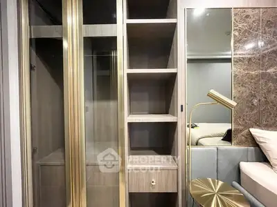 Modern bedroom with built-in wooden shelves and elegant lighting