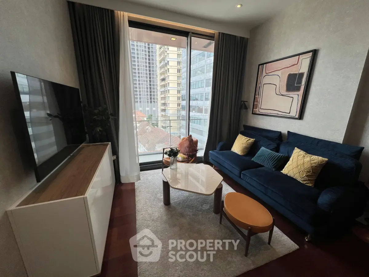 Modern living room with stylish decor and city view from large window