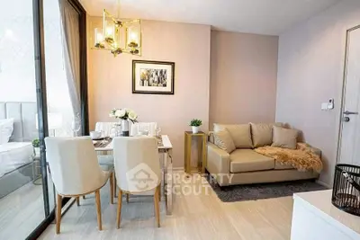 Modern living room with elegant dining area and cozy sofa