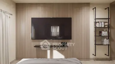 Modern bedroom with wall-mounted TV and stylish shelving