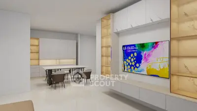 Modern living room with sleek TV and elegant dining area in open layout.