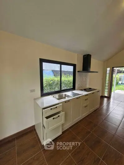 Modern kitchen with sleek cabinetry and garden view, perfect for culinary enthusiasts.