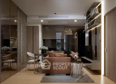 Modern living room with sleek design, featuring a leather sofa, stylish decor, and ambient lighting.