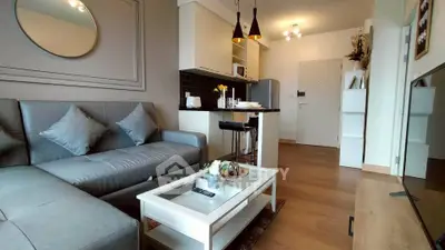 Modern living room with stylish decor and open kitchen layout, featuring a cozy gray sofa and elegant lighting.