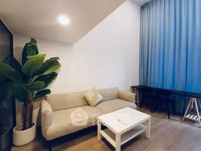 Modern living room with stylish sofa, indoor plant, and elegant curtains