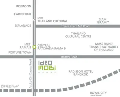 Map showing location of Ideo Inobi Rama 9 near MRT and major landmarks.