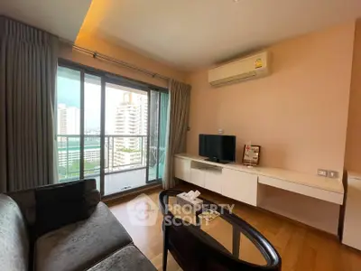 Modern living room with balcony view in high-rise apartment