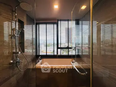 Luxurious bathroom with city view and modern fixtures