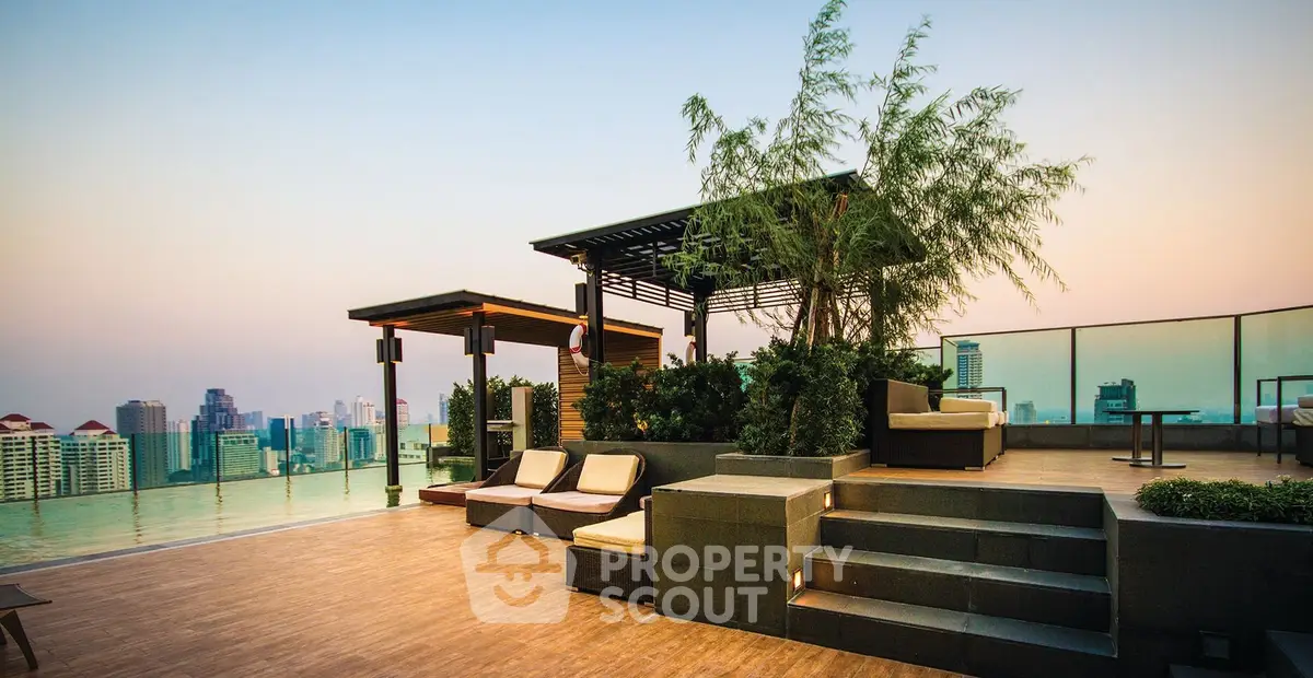 Luxurious rooftop terrace with stunning city skyline views and elegant seating area.