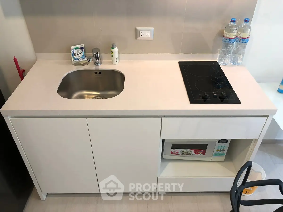 Compact modern kitchen with electric cooktop and sink, ideal for small apartments.