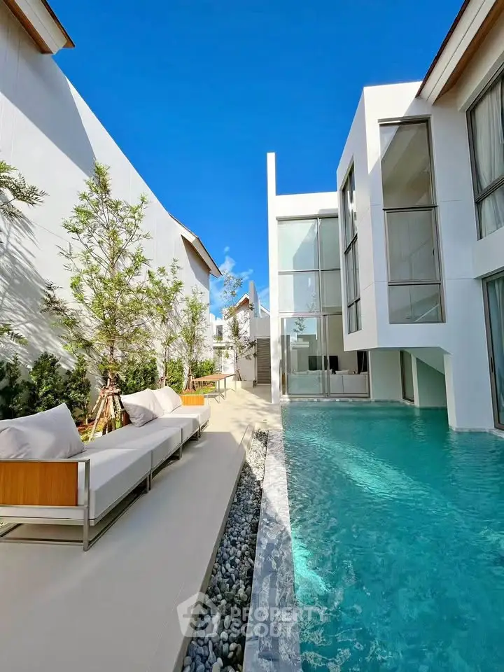 Luxurious modern villa with private pool and sleek architecture under a clear blue sky.