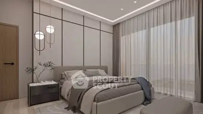 Luxurious modern bedroom with elegant decor and large window view.