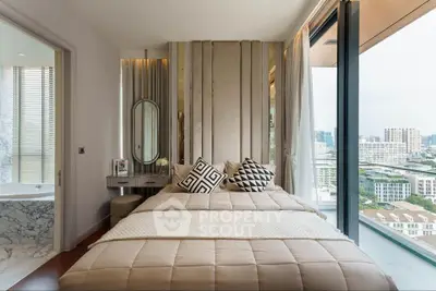 Luxurious bedroom with panoramic city view, elegant decor, and abundant natural light, perfect for upscale urban living.